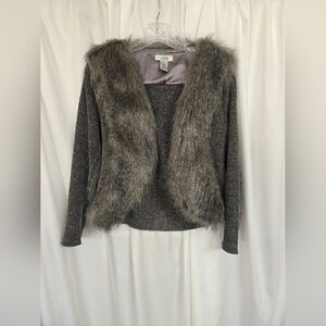 LaSeine Winter Holiday Knit Gray Faux Fur Trim Cardigan Size M